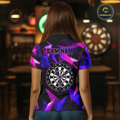 Custom Darts Shirts For Women, Pink And Purple Geometric Darts League Team Jersey Polo & Quarter Zip TDM6628