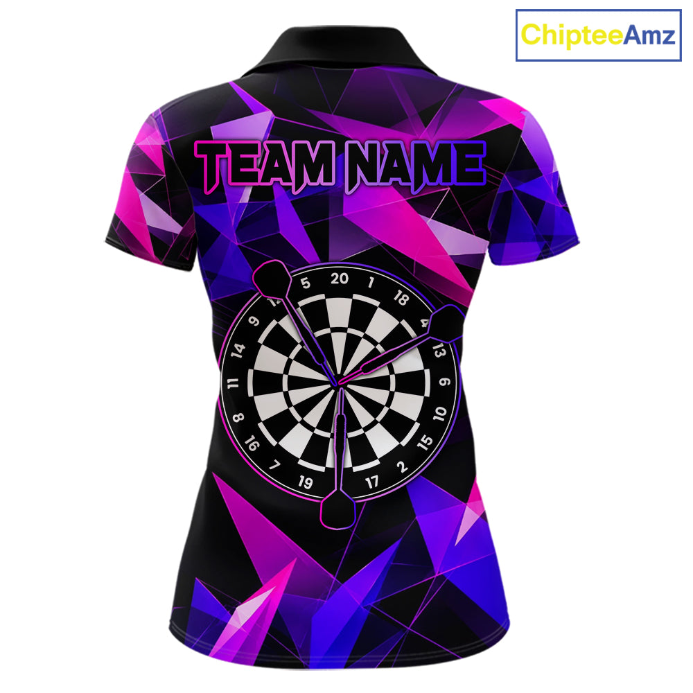 Pink and purple darts polo shirt with geometric design and dartboard, customizable name and team name
