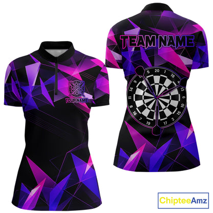 Pink and purple darts quarter zip shirt with geometric design and dartboard, customizable name and team name.
