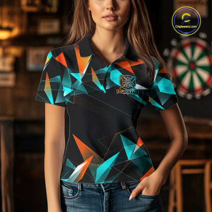 Custom Darts Shirts For Women, Orange And Turquoise Geometric Darts Team Jersey Polo & Quarter Zip TDM6629