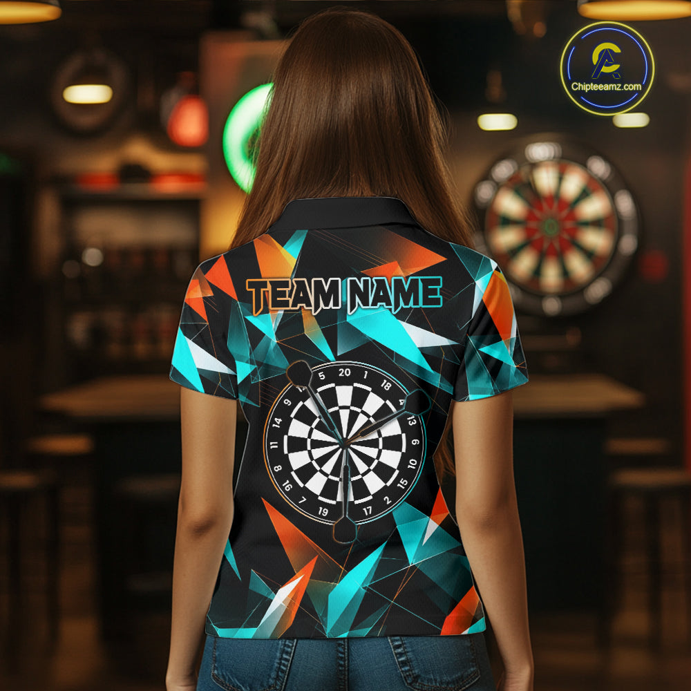 Custom Darts Shirts For Women, Orange And Turquoise Geometric Darts Team Jersey Polo & Quarter Zip TDM6629