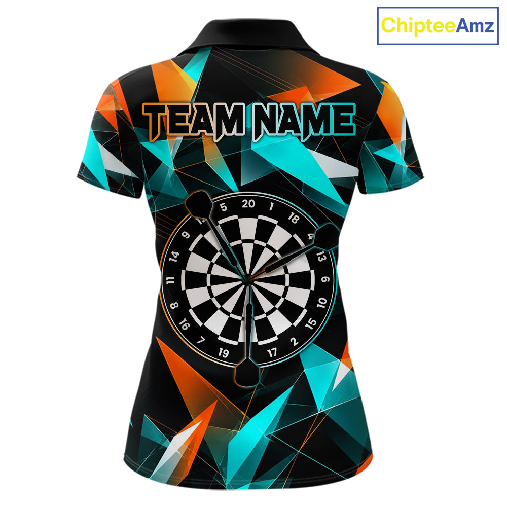 Orange and turquoise darts polo shirt with geometric design and dartboard, customizable name and team name