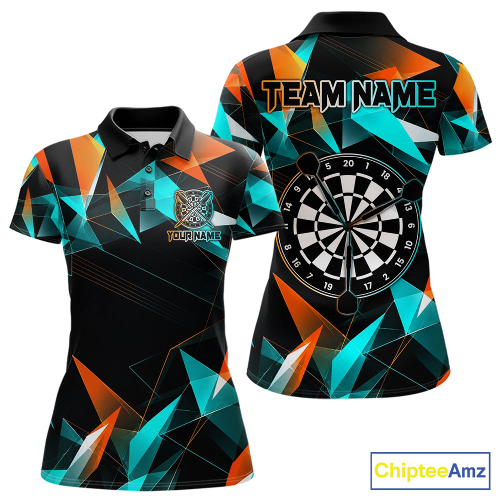 Orange and turquoise darts polo shirt with geometric design and dartboard, customizable name and team name