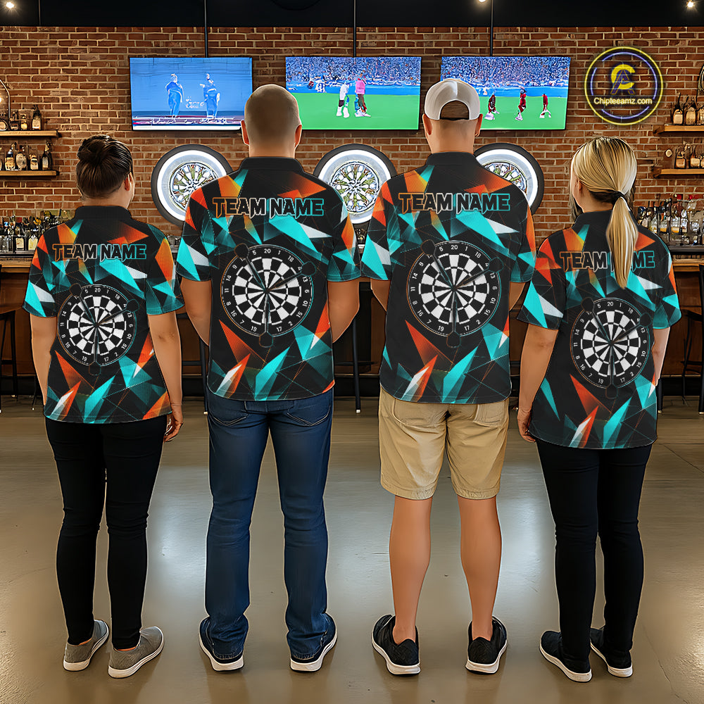 Custom Darts Shirts For Women, Orange And Turquoise Geometric Darts Team Jersey Polo & Quarter Zip TDM6629