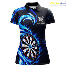 Load image into Gallery viewer, Black and blue flaming darts polo shirt for women with custom player name and team name.