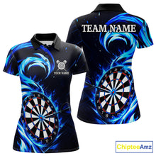 Load image into Gallery viewer, Black and blue flaming darts polo shirt for women with custom player name and team name.