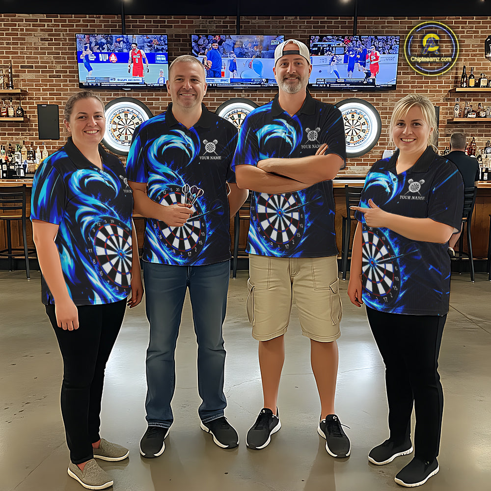 Black And Blue Flame Darts Shirt For Women, Custom Darts League Team Jersey Polo & Quarter Zip TDM6631