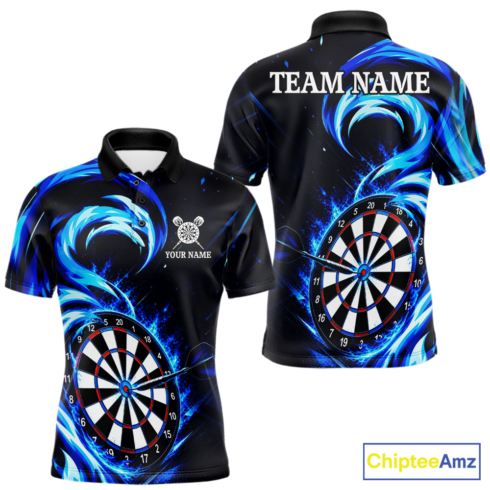 Black and blue flaming darts polo shirt for men with custom player name and team name.