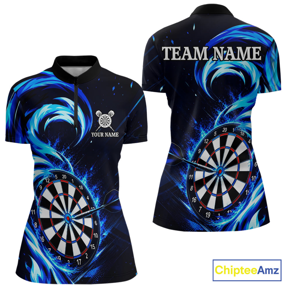 Black and blue flaming darts quarter zip shirt for women with custom player name and team name.