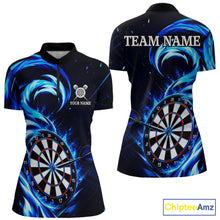 Load image into Gallery viewer, Black and blue flaming darts quarter zip shirt for women with custom player name and team name.