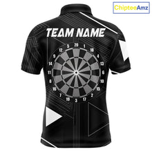 Load image into Gallery viewer, Black polo shirt with dartboard design and customizable text on a geometric background