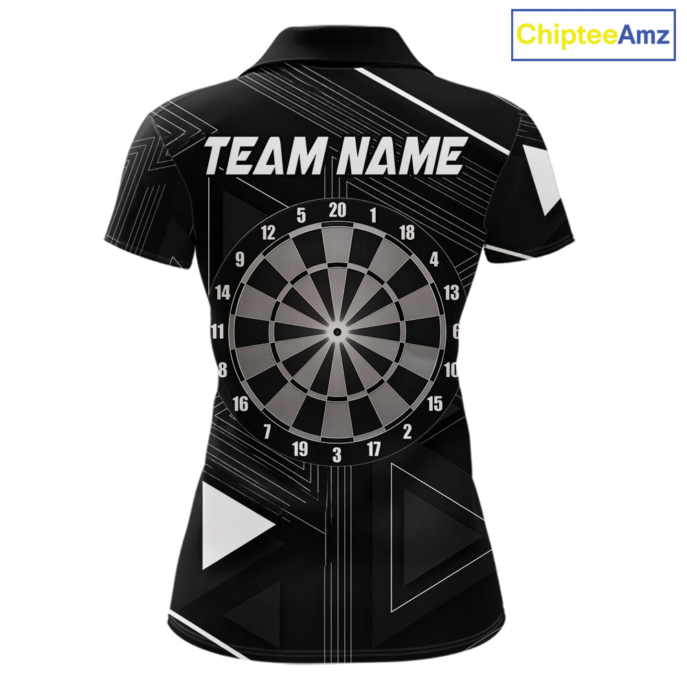 Black polo shirt with dartboard design and customizable text on a geometric background