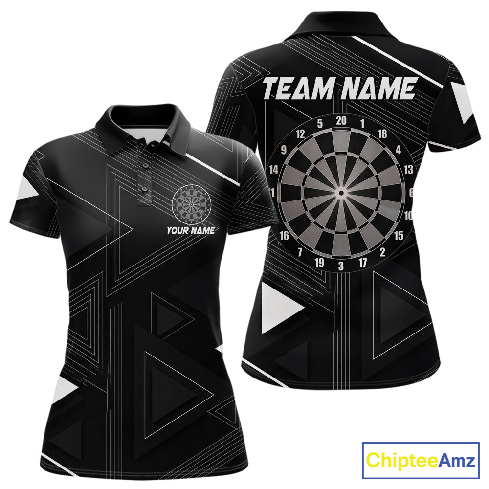 Black polo shirt with dartboard design and customizable text on a geometric background
