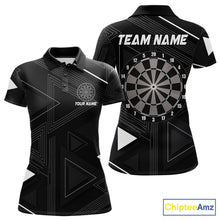 Load image into Gallery viewer, Black polo shirt with dartboard design and customizable text on a geometric background