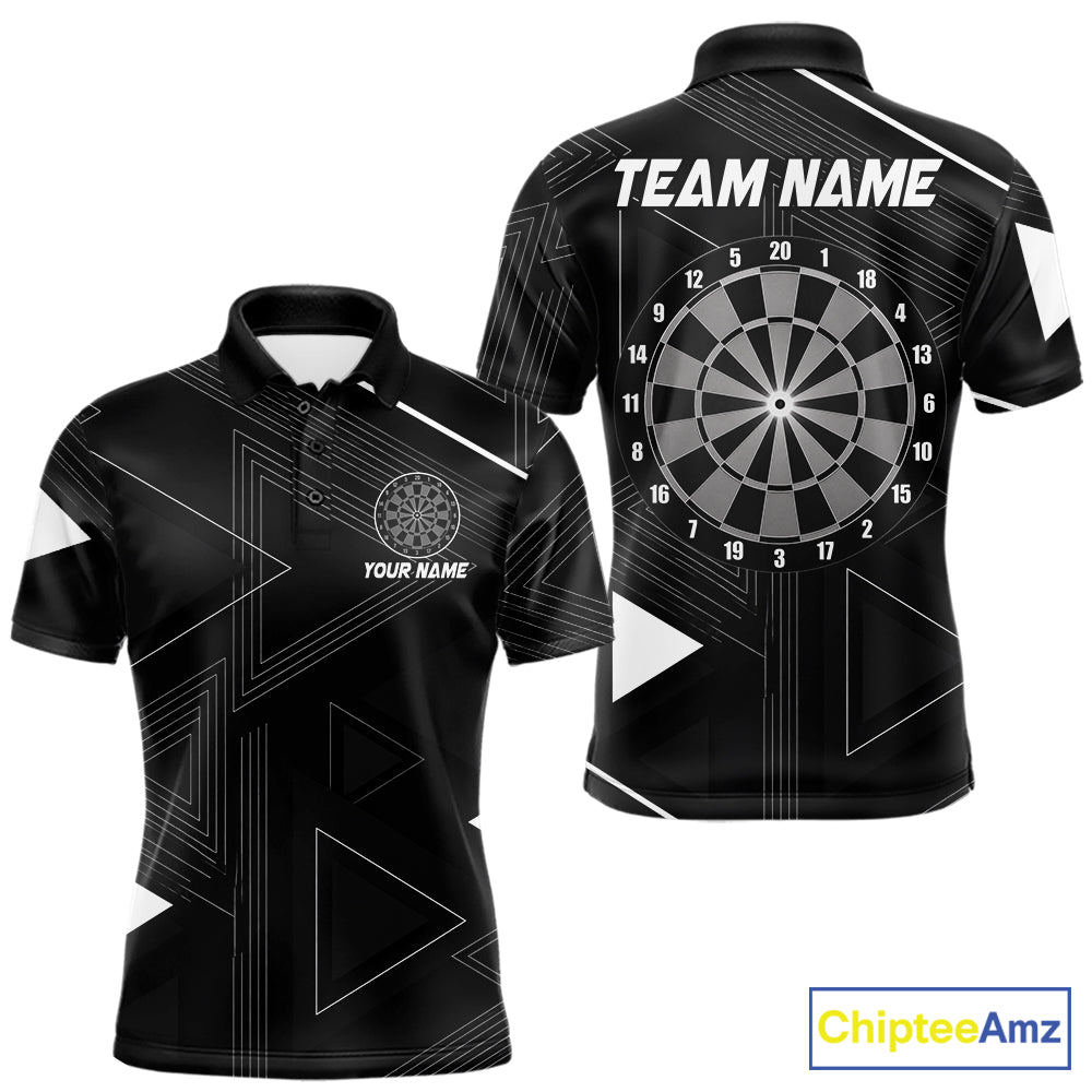 Black polo shirt with dartboard design and customizable text on a geometric background