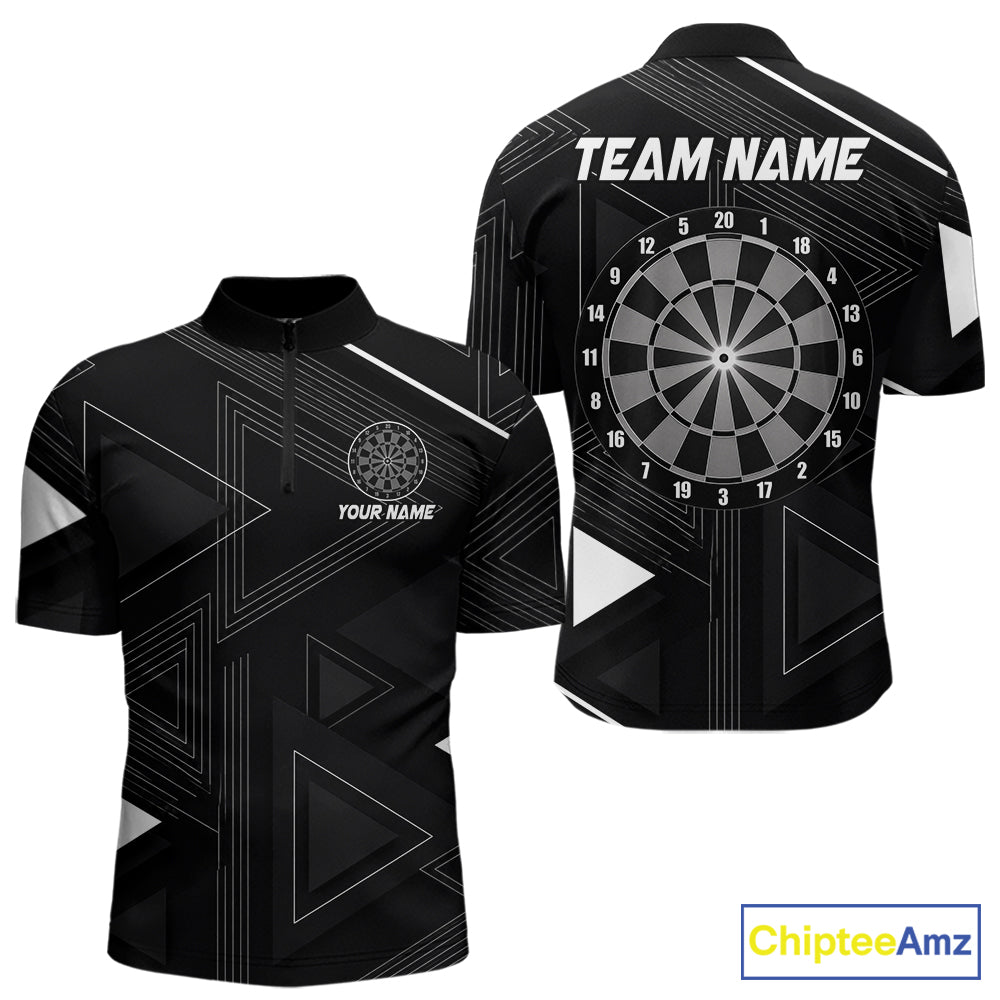 Black quarter zip shirt with dartboard design and customizable text on a geometric background