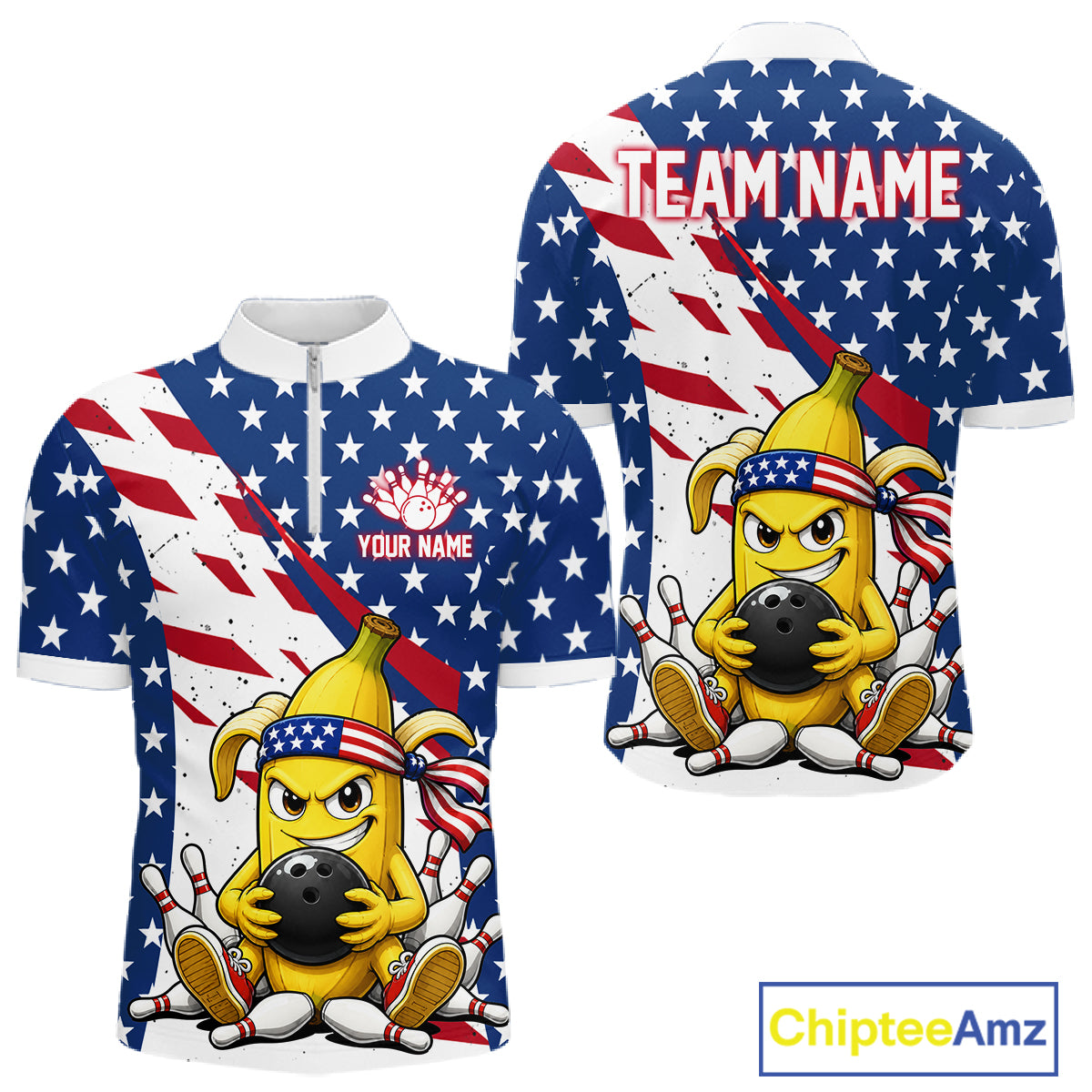 Funny banana American flag bowling quarter zip shirt for men with custom player name and team name.