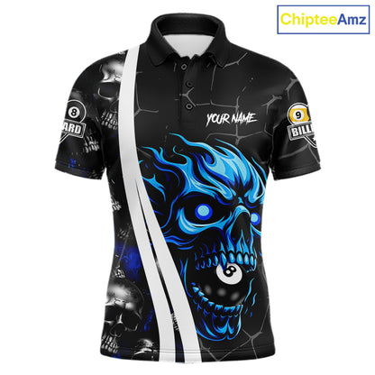 Blue skull 8 ball and 9 ball custom billiard polo shirt for men, pool team jersey and tournament apparel.