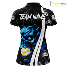 Load image into Gallery viewer, Blue skull 8 ball and 9 ball pool team polo shirt for women with skull billiard graphics.