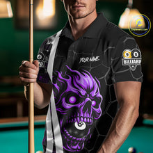 Load image into Gallery viewer, Man wearing a purple skull 8 ball and 9 ball billiard jersey front view.