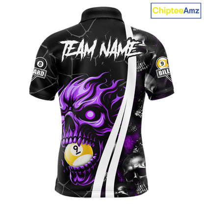 Purple skull 8 ball and 9 ball pool team polo shirt for men with skull billiard graphics.