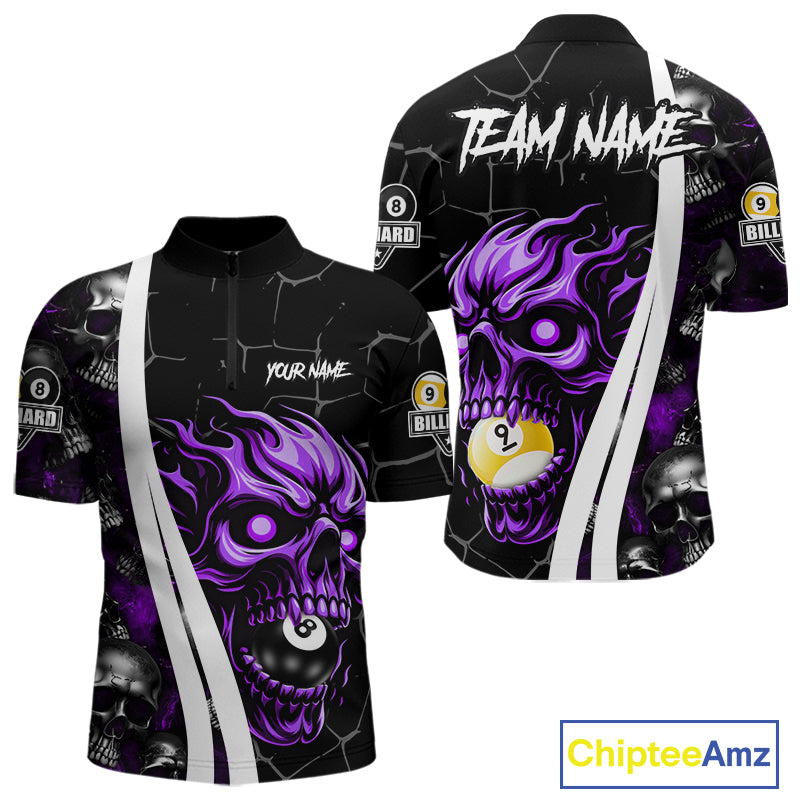Purple skull 8 ball and 9 ball quarter zip billiard shirt for men, custom pool team jersey.