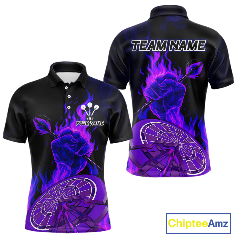 Flame Darts & Crack Dartboard 3D Custom Purple Dart Polo Shirts For Men, Dart Jerseys NYN0810