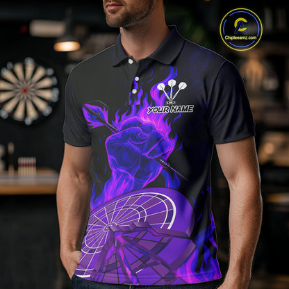 Flame Darts & Crack Dartboard 3D Custom Purple Dart Polo Shirts For Men, Dart Jerseys NYN0810