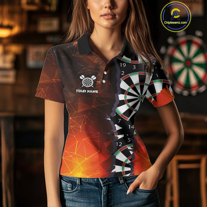 Personalized Fiery Orange Dartboard Crack Darts Shirt For Women, Funny Darts Jersey Polo & 1/4 Zip TDM4449
