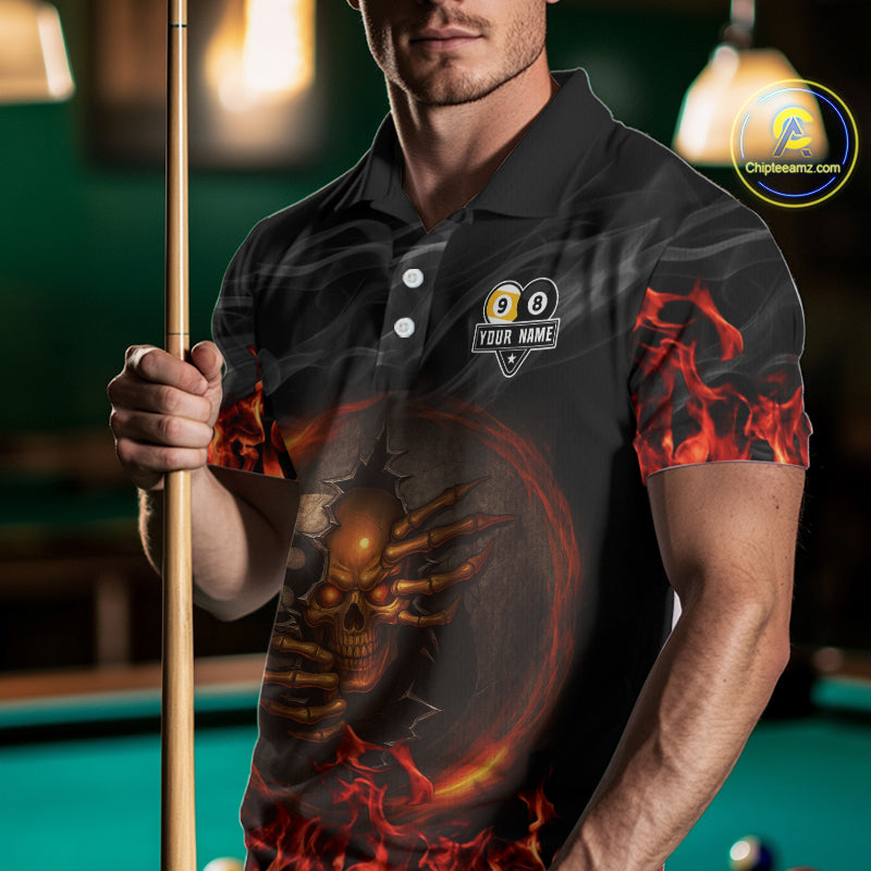 Funny Skull Billiard 8 Ball & 9 Ball Pool Shirt For Men Custom Orange Flame Billiard Team Jerseys TDM4451