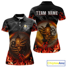 Load image into Gallery viewer, Funny Skull Billiard 8 Ball &amp; 9 Ball Pool Shirt For Women Custom Orange Flame Billiard Team Jerseys TDM4451