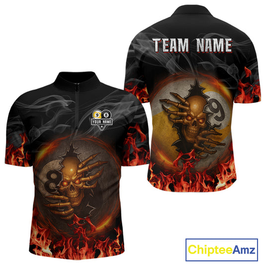 Funny Skull Billiard 8 Ball & 9 Ball Pool Shirt For Men Custom Orange Flame Billiard Team Jerseys TDM4451