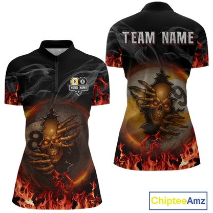 Funny Skull Billiard 8 Ball & 9 Ball Pool Shirt For Women Custom Orange Flame Billiard Team Jerseys TDM4451