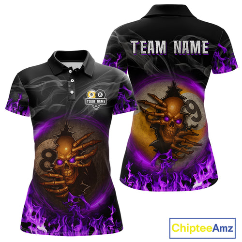 Funny Skull Billiard 8 Ball & 9 Ball Pool Shirt For Women Custom Purple Flame Billiard Team Jerseys TDM4452
