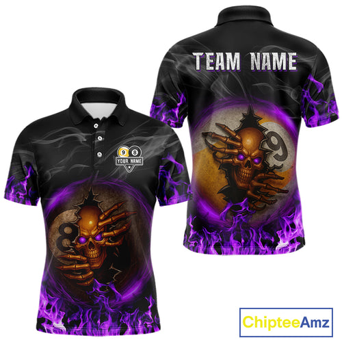 Funny Skull Billiard 8 Ball & 9 Ball Pool Shirt For Men Custom Purple Flame Billiard Team Jerseys TDM4452