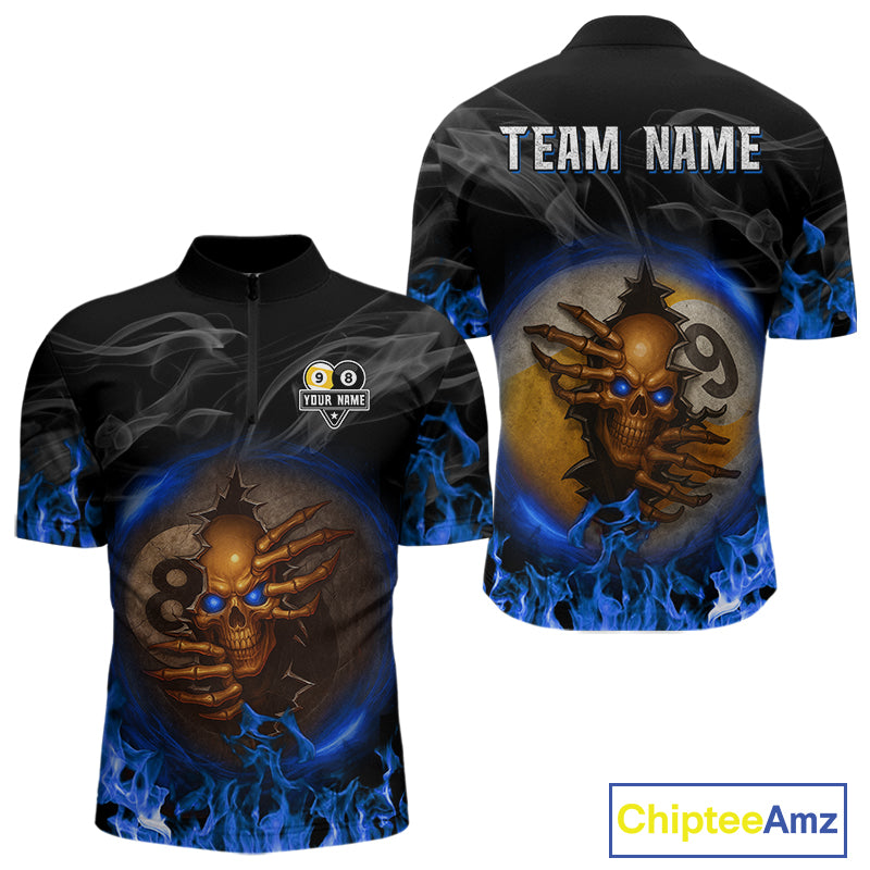Funny Skull Billiard 8 Ball & 9 Ball Pool Shirt For Men Custom Blue Flaming Billiard Team Jerseys TDM4453
