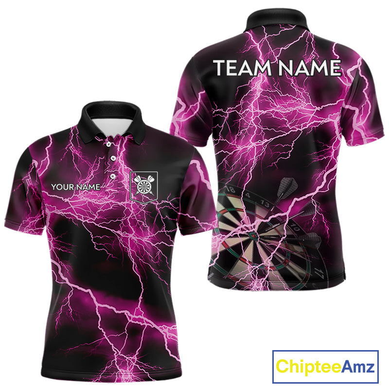 Thunder Lightning Pink Darts Shirt With Pocket For Men Custom Dart Jerseys TDM4696