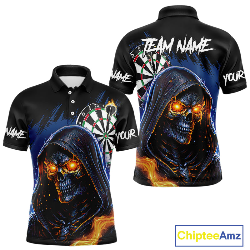 Personalized Blue Grim Reaper Fire Dart Shirts For Men Custom Skull Dart Jersey Polo & 1/4 Zip TDM4892