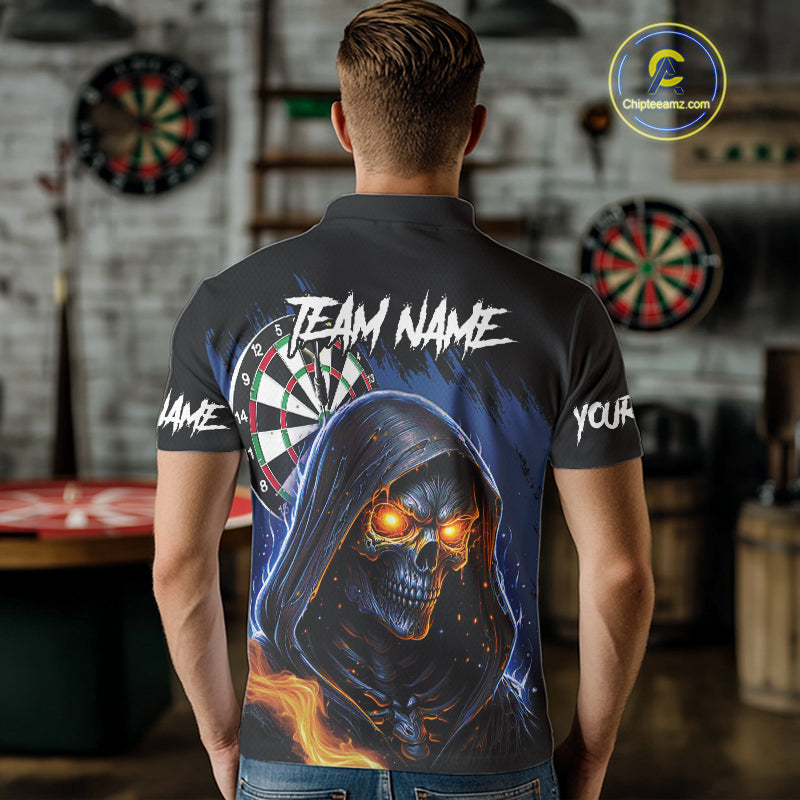 Personalized Blue Grim Reaper Fire Dart Shirts For Men Custom Skull Dart Jersey Polo & 1/4 Zip TDM4892