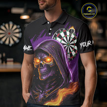 Load image into Gallery viewer, Personalized Purple Death Skeleton Fire Dart Shirt For Men Custom Skull Dart Jersey Polo &amp; 1/4 Zip TDM4893