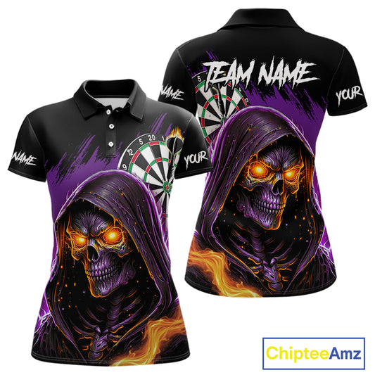 Personalized Purple Grim Reaper Fire Dart Shirt For Women Custom Skull Dart Jersey Polo & 1/4 Zip TDM4893