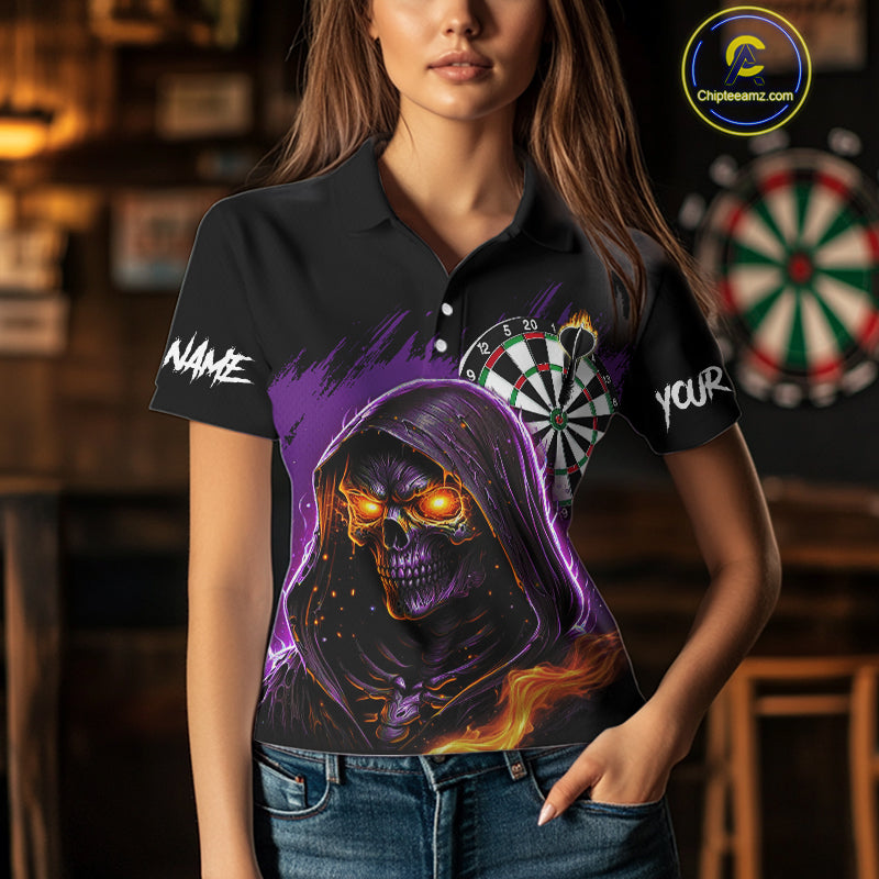 Personalized Purple Grim Reaper Fire Dart Shirt For Women Custom Skull Dart Jersey Polo & 1/4 Zip TDM4893