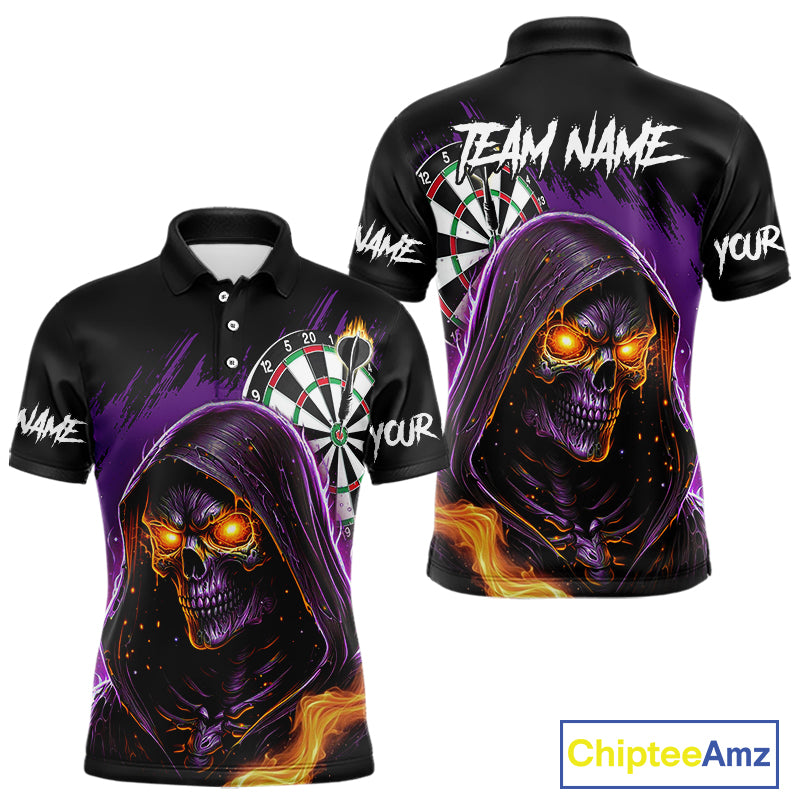 Personalized Purple Death Skeleton Fire Dart Shirt For Men Custom Skull Dart Jersey Polo & 1/4 Zip TDM4893