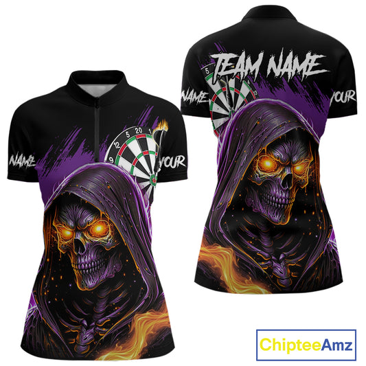Personalized Purple Grim Reaper Fire Dart Shirt For Women Custom Skull Dart Jersey Polo & 1/4 Zip TDM4893