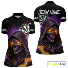 Load image into Gallery viewer, Personalized Purple Death Skeleton Fire Dart Shirt For Women Custom Skull Dart Jersey Polo &amp; 1/4 Zip TDM4893