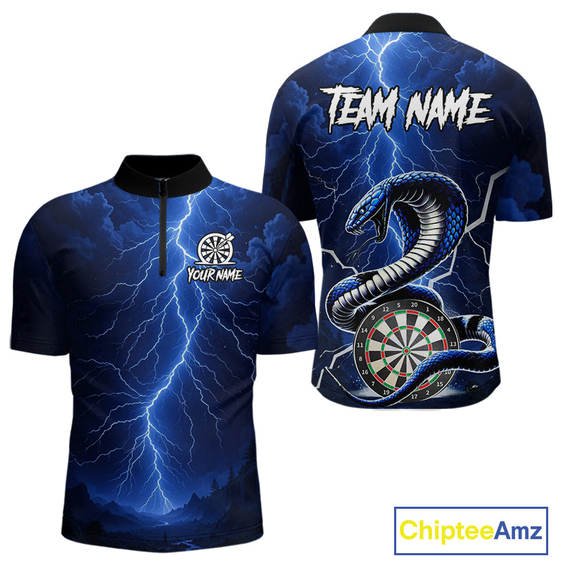 Blue Lightning Thunder Cobra Darts Shirt For Men Custom Darts League Team Jersey Polo & 1/4 Zip TDM4895
