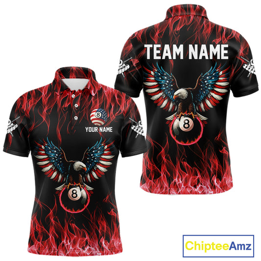 Red Flaming American Flag Eagle 8 Ball Billiard Shirt For Men Custom Patriotic Pool Team Jersey TDM5587