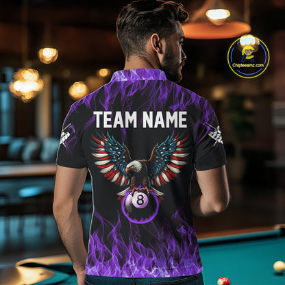 Purple Flaming American Flag Eagle 8 Ball Billiard Shirt For Men Custom Patriotic Pool Team Jersey TDM5588