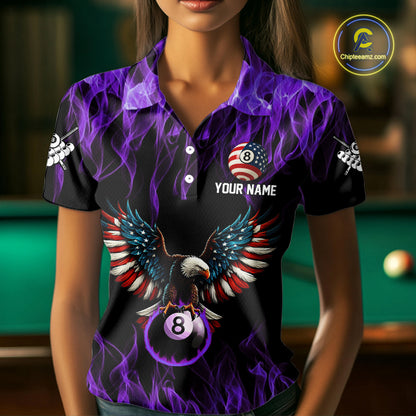 Purple Flaming American Flag Eagle 8 Ball Billiard Shirt For Women Custom Patriotic Pool Team Jersey TDM5588