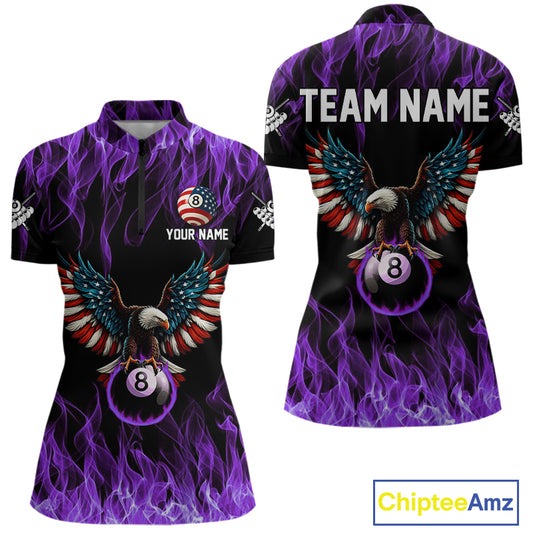 Purple Flaming American Flag Eagle 8 Ball Billiard Shirt For Women Custom Patriotic Pool Team Jersey TDM5588